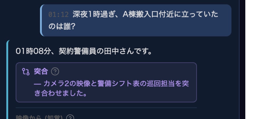 カメラ映像と警備シフト表を突き合わせて人物を特定している知識チャットの画面